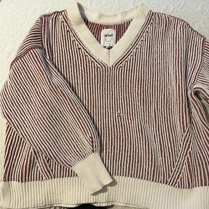 aerie Red and White Striped Ribbed V-Neck Sweater